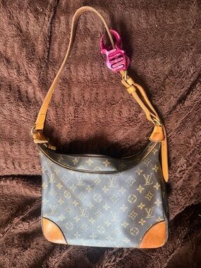 Louis Vuitton Monogram Canvas Shoulder Bag in Brown & Tan with Pink Accent